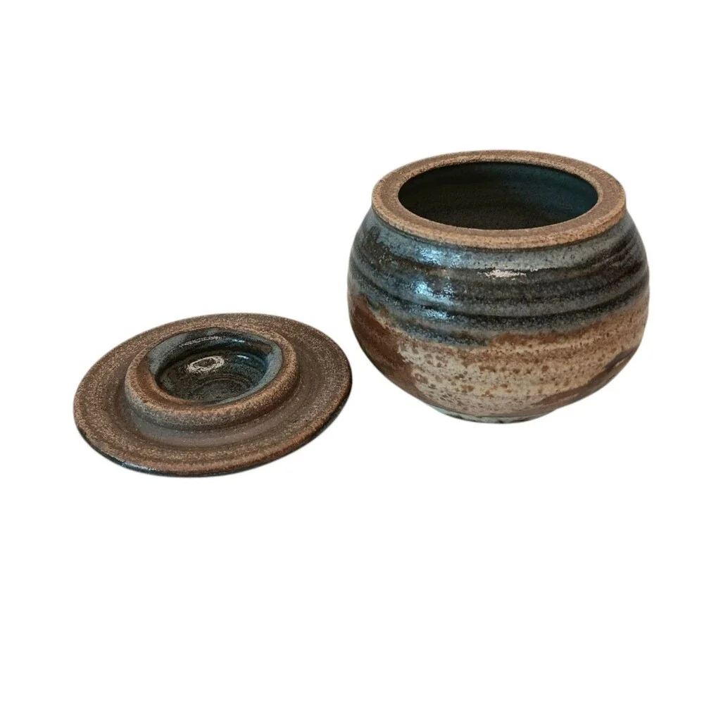Sherwood Pottery Blue Lidded Jar Brown Swirl Jam Jar Or Trinket Box 3.5